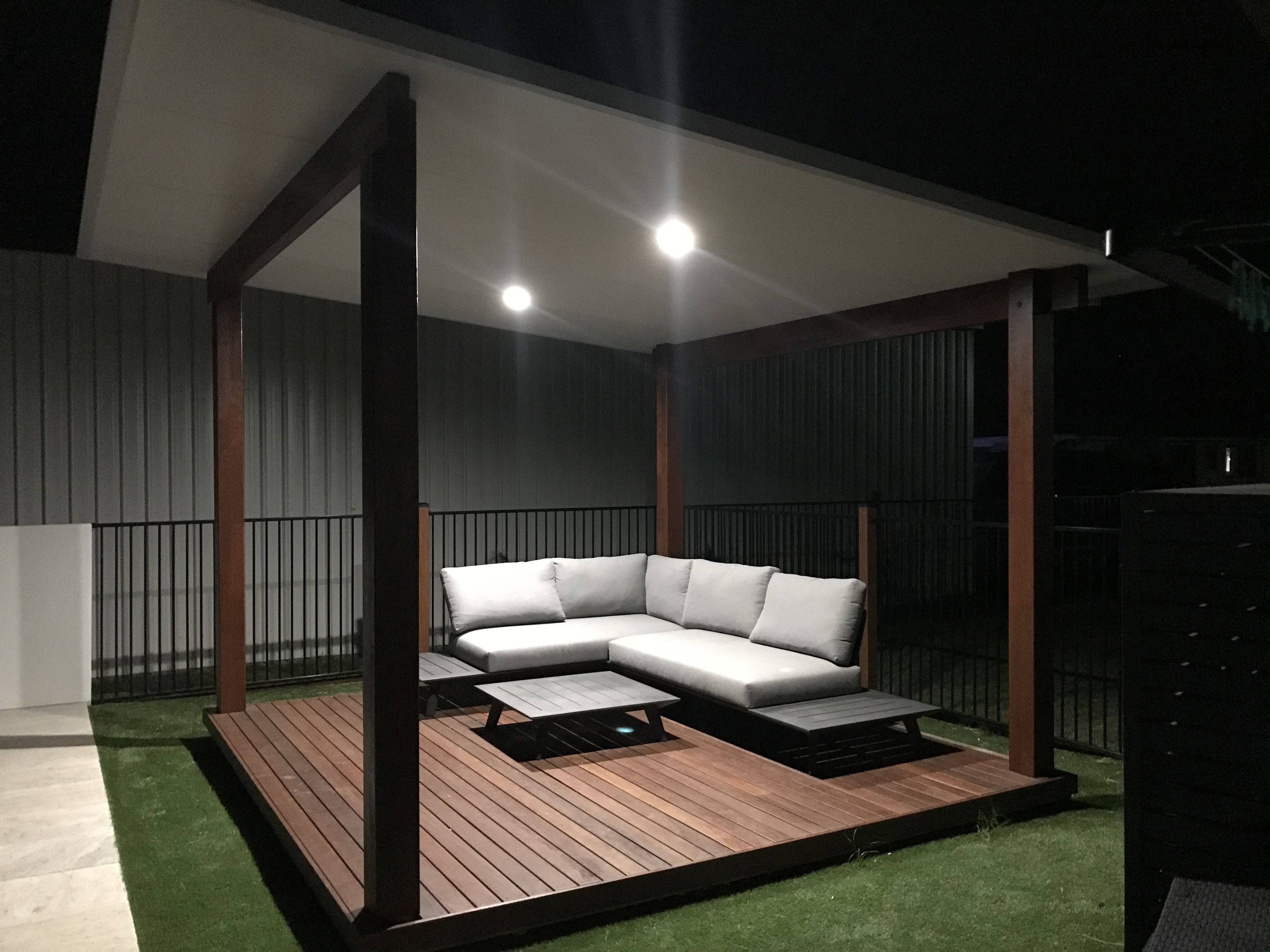 Pool gazebo night SATIndustries pool deck