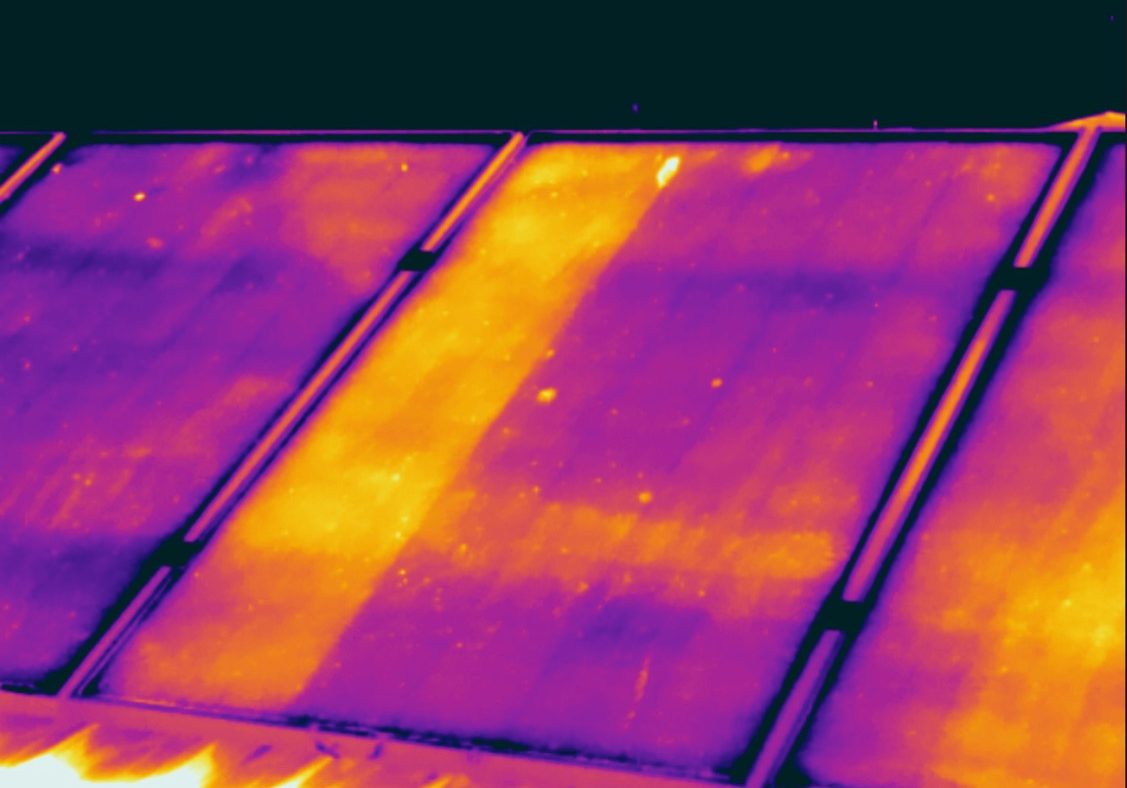 A row of damaged solar cells in this solar panel dramatically reduce it's power output. thermal imaging brisbane